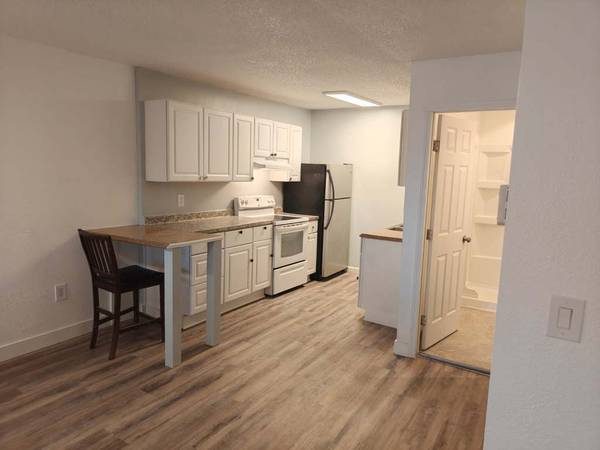 Kitchen with white cabinets and new range at 1010 Cushman